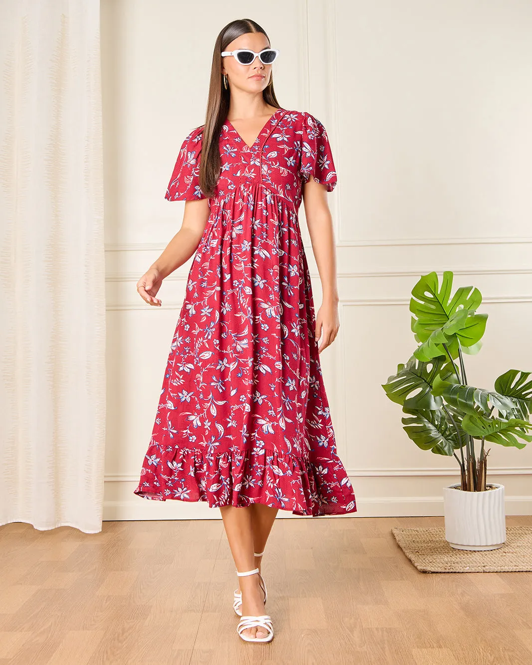 Women Pink Print A Line Flutter Sleeve Midi Dress sold by Redtag