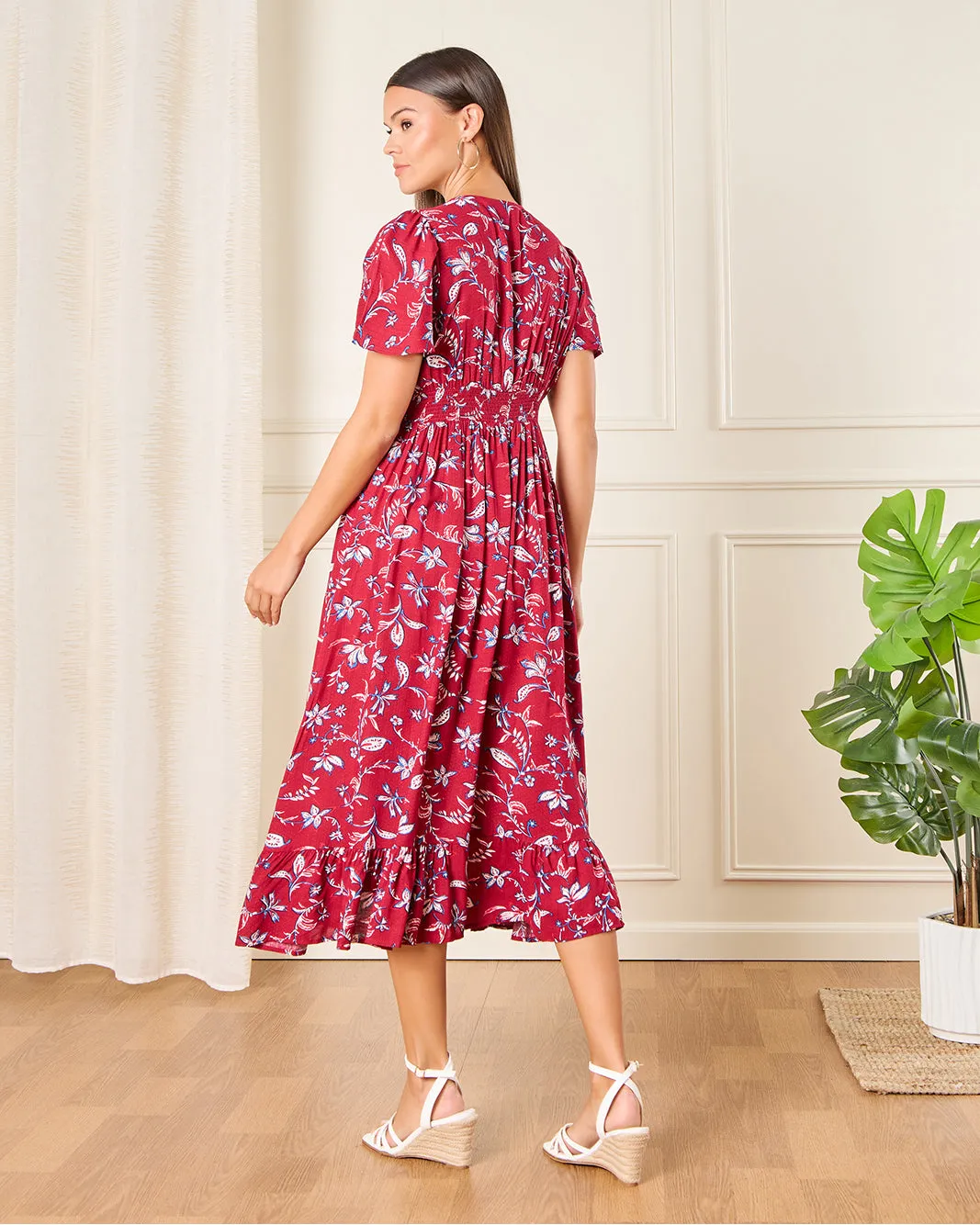 Women Pink Print A Line Flutter Sleeve Midi Dress sold by Redtag product image thumbnail 3