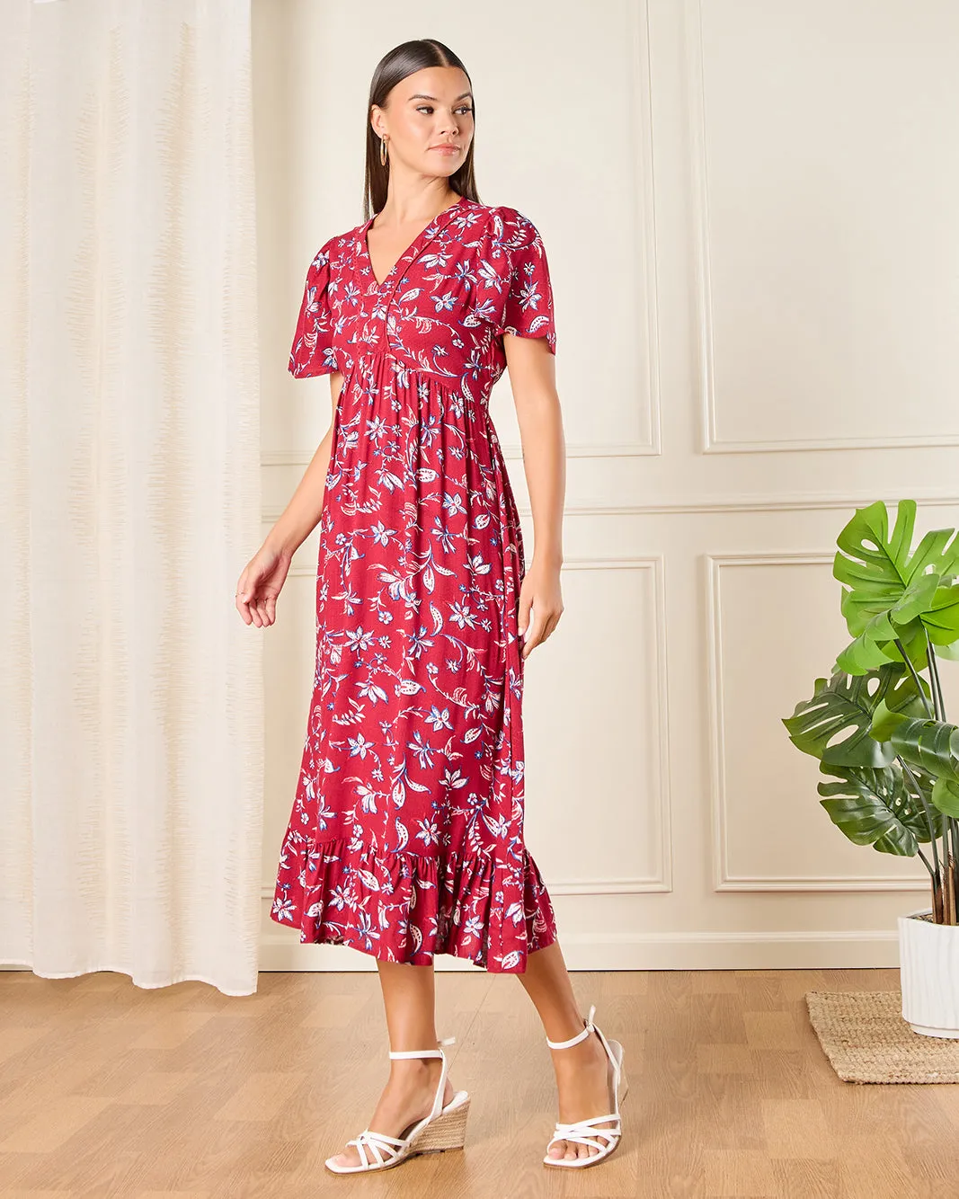 Women Pink Print A Line Flutter Sleeve Midi Dress sold by Redtag product image thumbnail 4