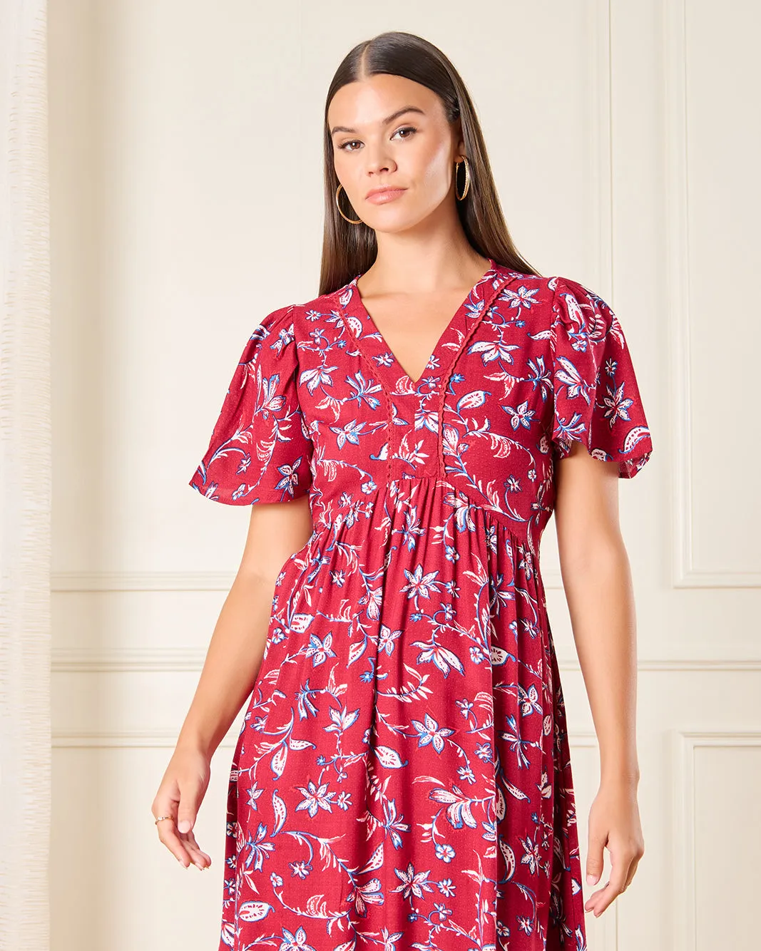 Women Pink Print A Line Flutter Sleeve Midi Dress sold by Redtag product image thumbnail 2