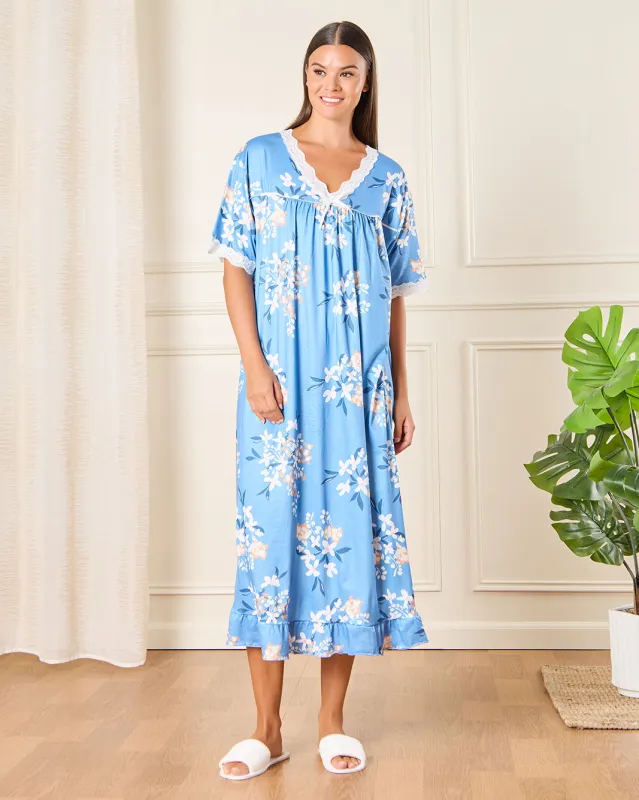 Women Blue Printed Nightgown sold by Redtag