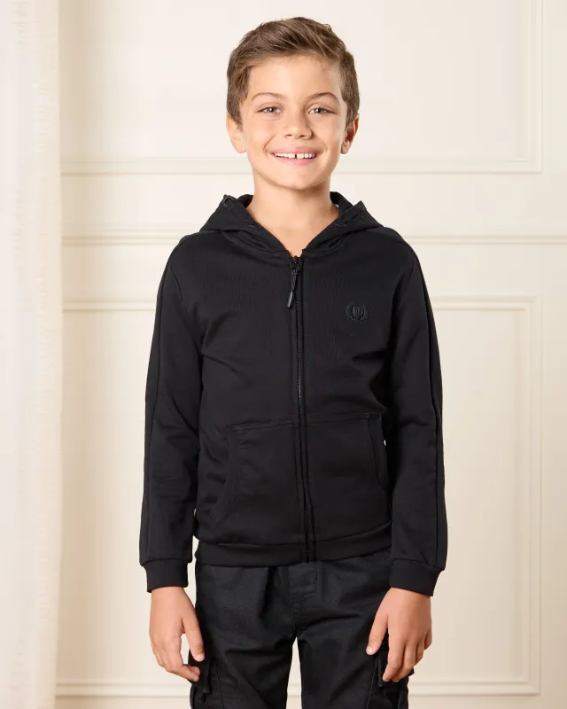 Boys Black Solid Hooded Sweatshirt sold by Redtag