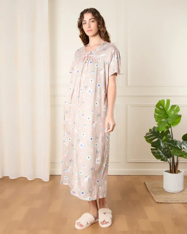 Women Beige Printed Nightgown sold by Redtag