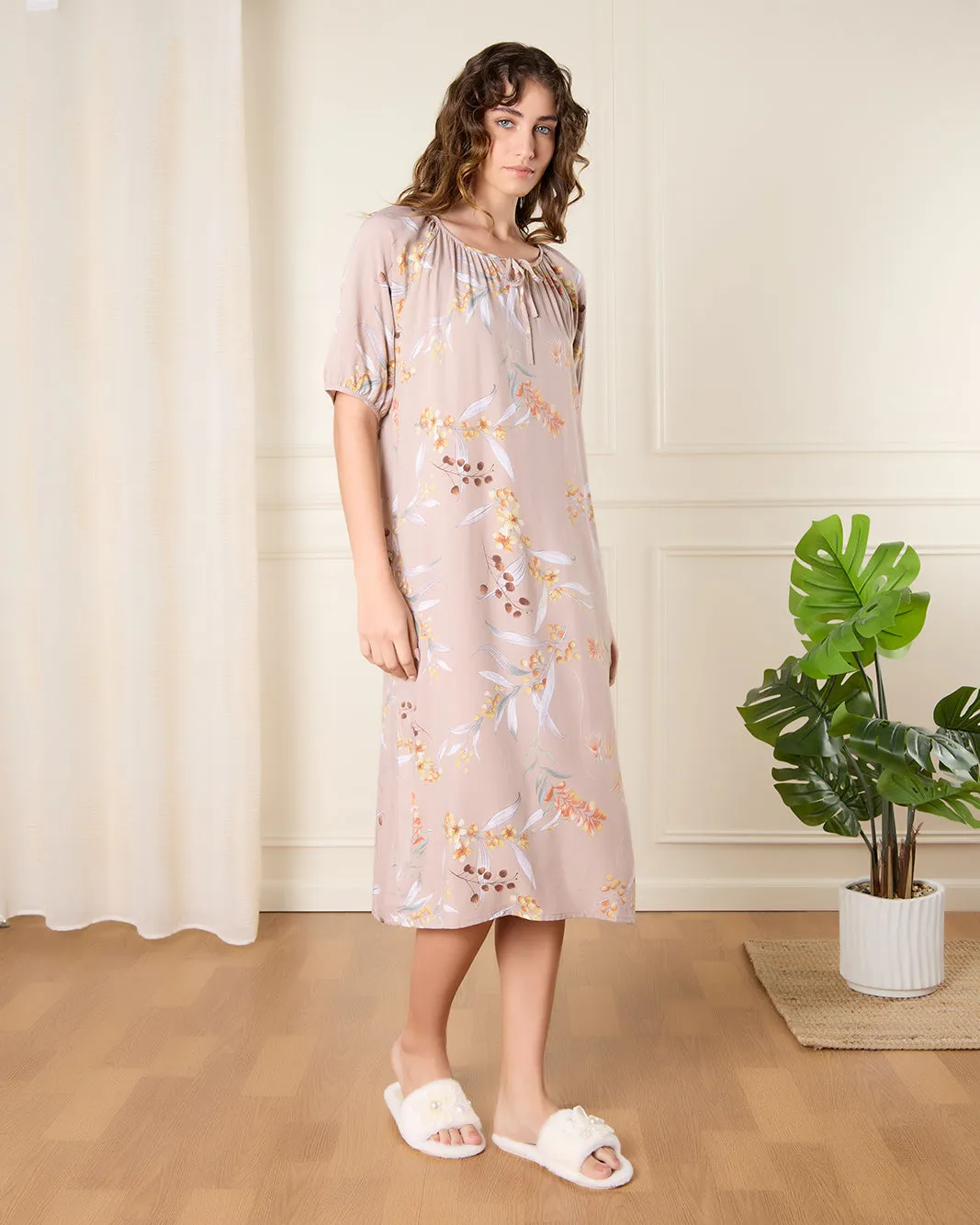 Women Beige Printed Nightgown sold by Redtag