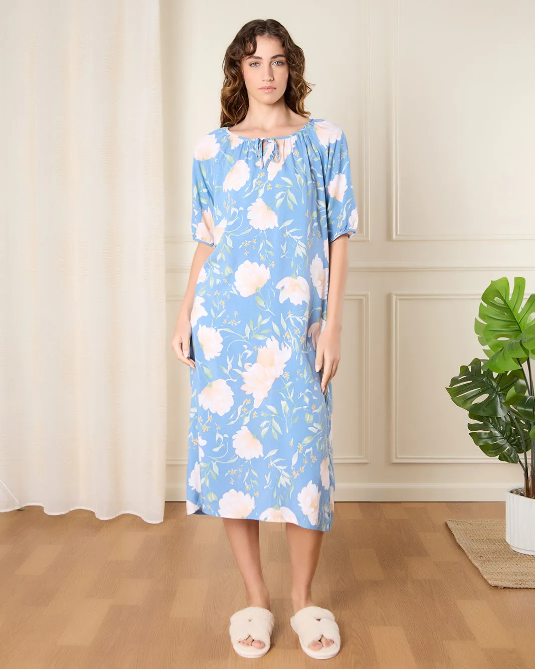 Women Blue Printed Nightgown sold by Redtag