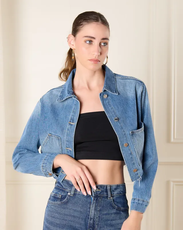 Women Blue Asymmetric Cropped Denim Jacket sold by Redtag