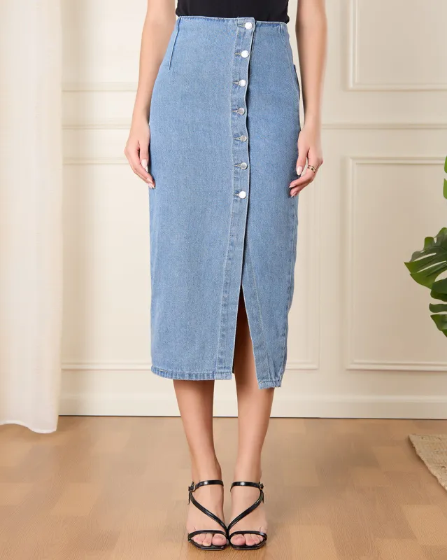 Women Blue Button Down Wrap Denim Skirt sold by Redtag
