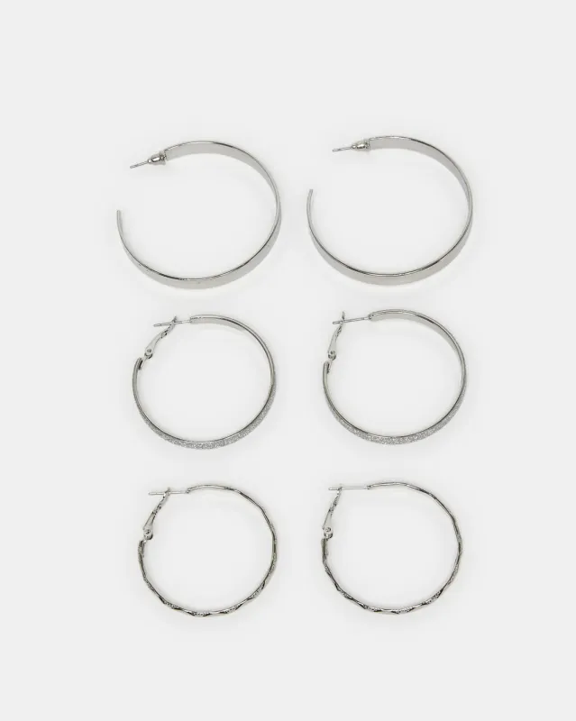 Women Silver Embellished Earring Set (3 Pairs) sold by Redtag