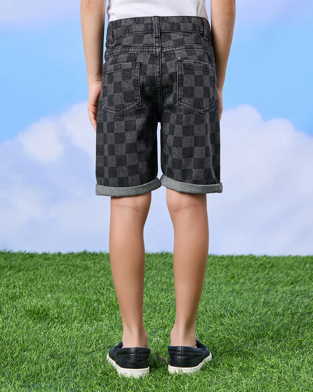Boys Black Checkered Denim Shorts sold by Redtag product image thumbnail 3