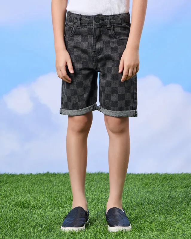Boys Black Checkered Denim Shorts sold by Redtag