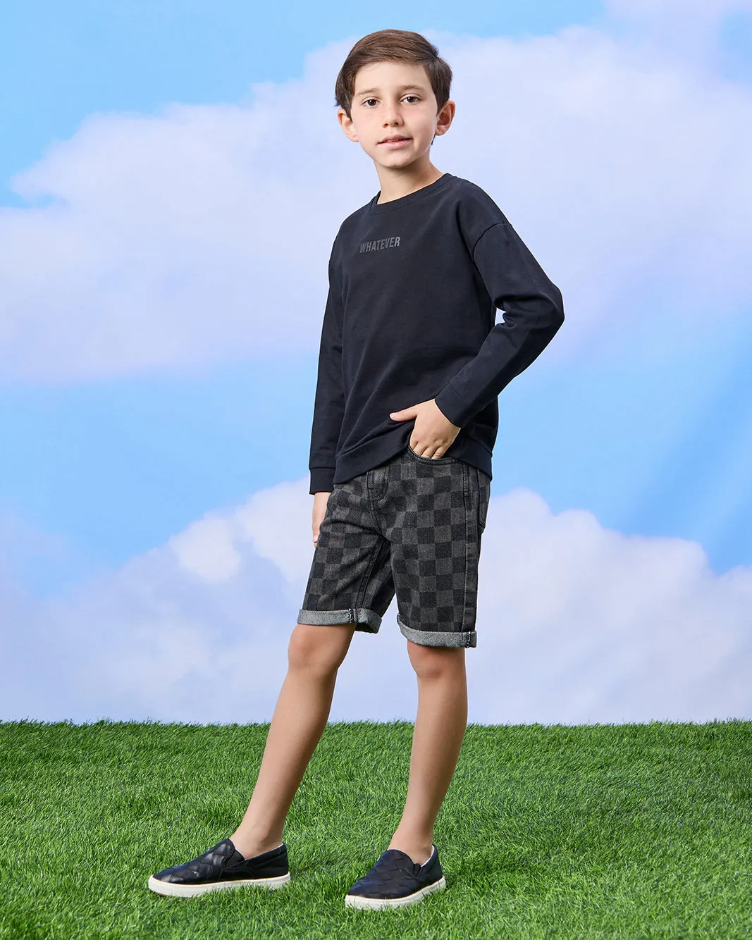 Boys Black Checkered Denim Shorts sold by Redtag product image thumbnail 2