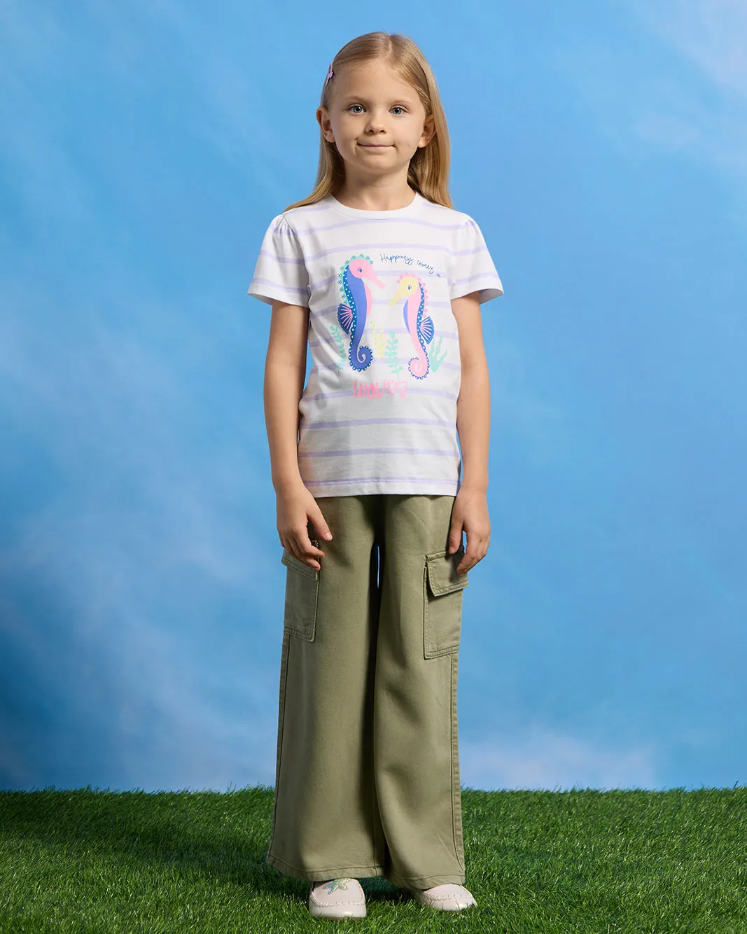 Girls White Stripe Seahorse Placement Print T-Shirt sold by Redtag product image thumbnail 2