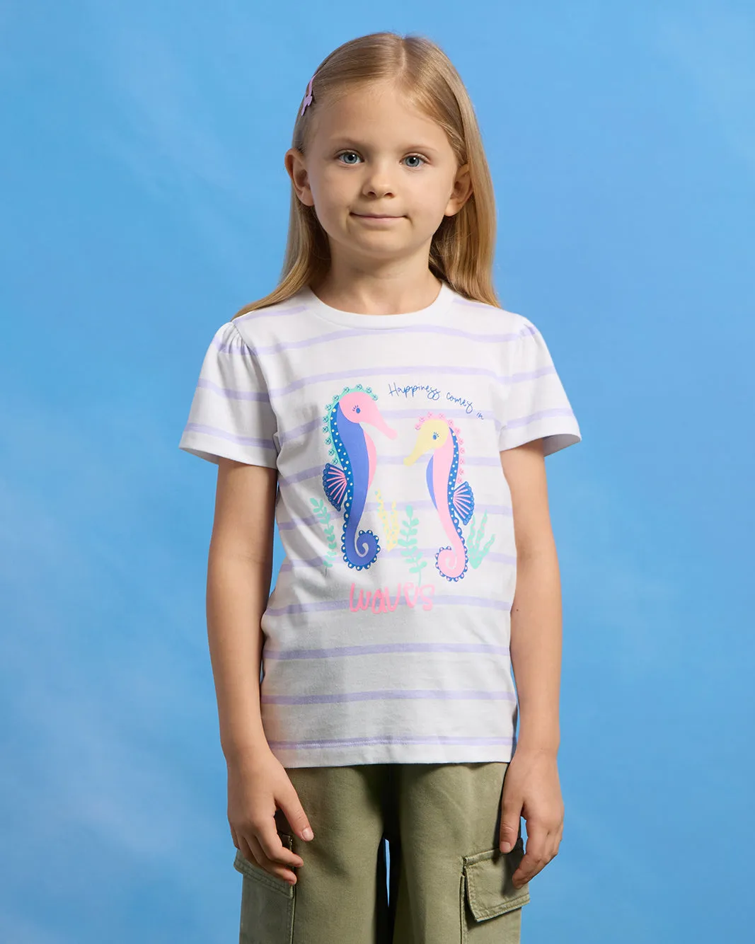 Girls White Stripe Seahorse Placement Print T-Shirt sold by Redtag