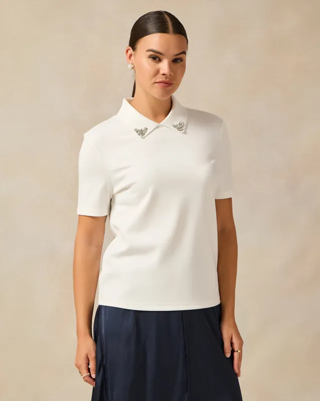 Women Ivory Embellished With Rhinestone Collar  Polo T-shirt sold by Redtag