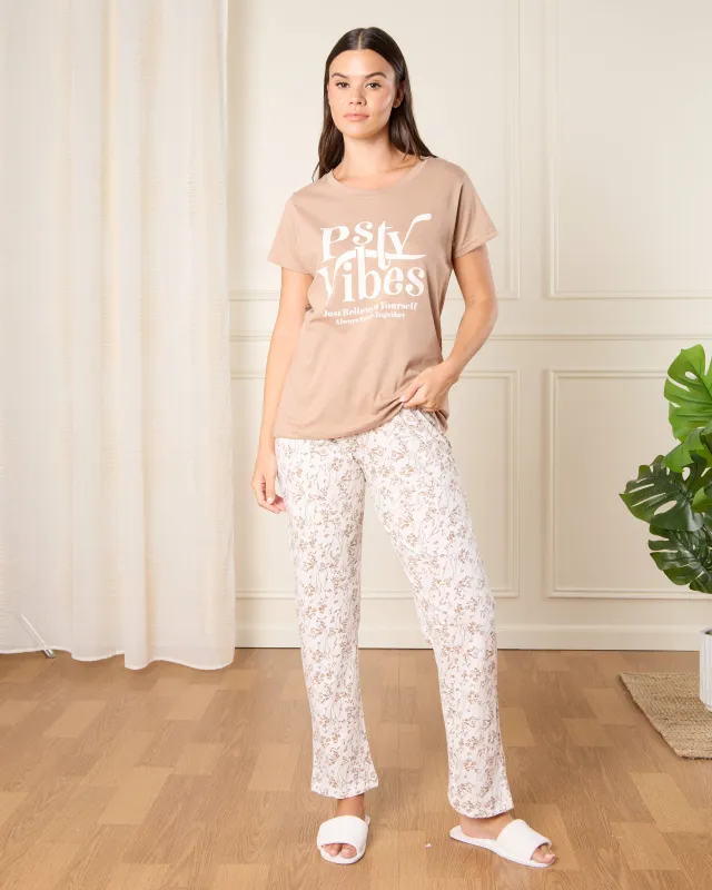 Women Beige Vibes Print Pyjama Set (2 Piece) sold by Redtag