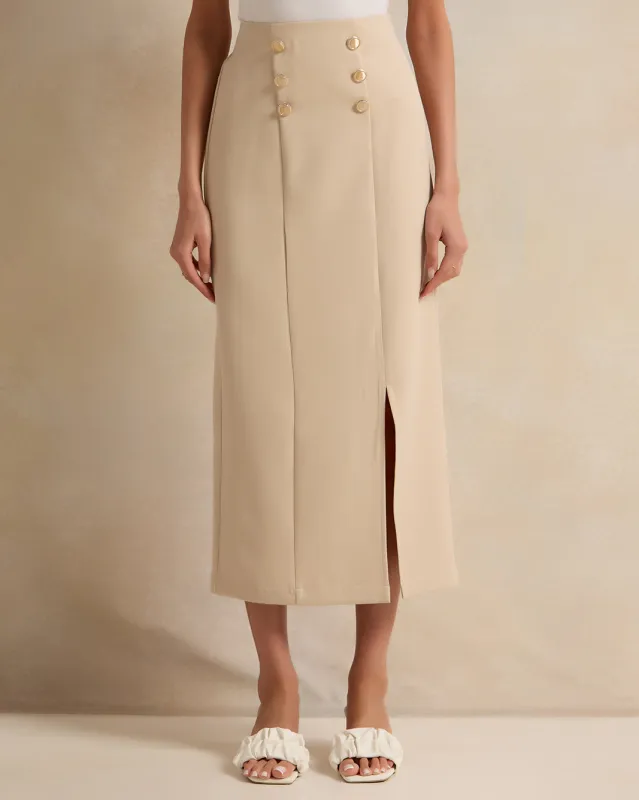 Women Beige Skirt With Button Details sold by Redtag