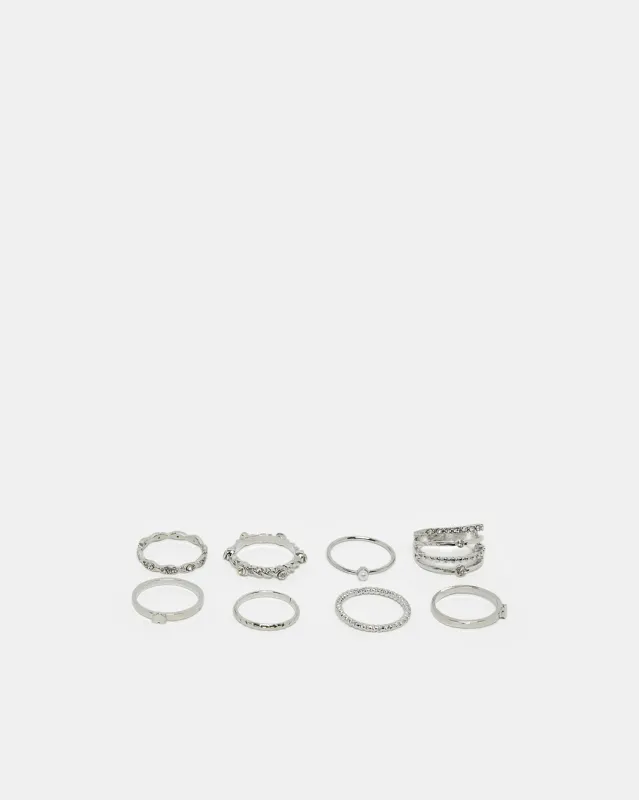 Women Silver Embellished Ring Set (Pack of 8) sold by Redtag