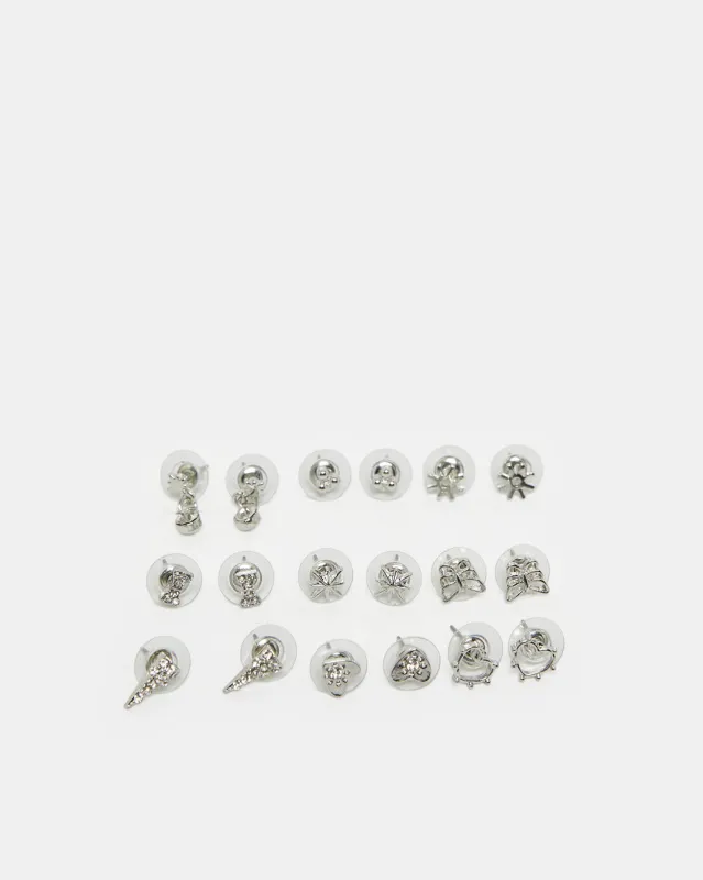 Women Silver Embellished Earring Set (9 Pairs) sold by Redtag