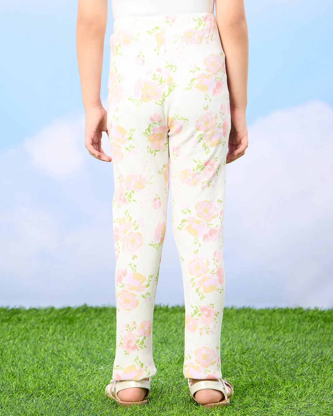 Girls White Floral Rib Leggings sold by Redtag product image thumbnail 3