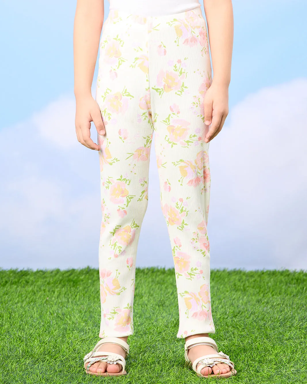 Girls White Floral Rib Leggings sold by Redtag