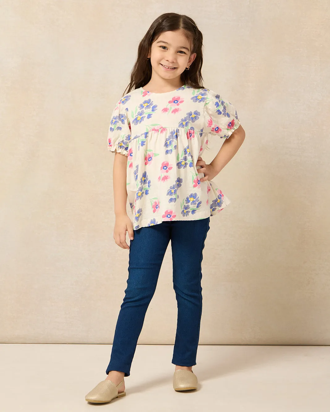 Girls Ivory Floral Print With Puff Sleeve Casual Jersey Top sold by Redtag product image thumbnail 2