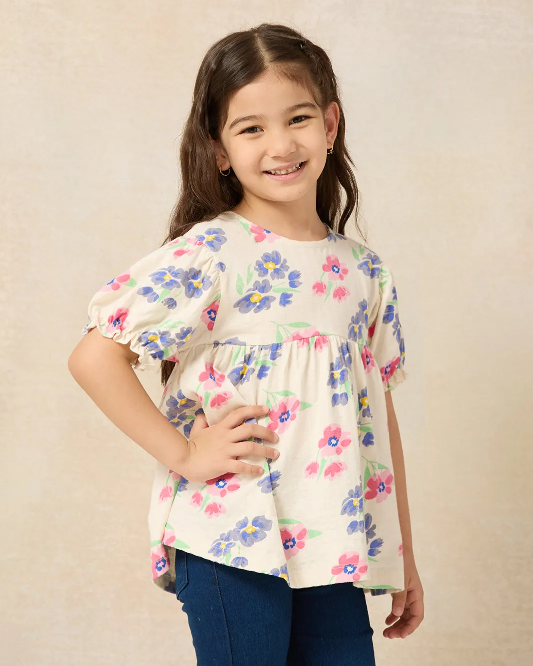 Girls Ivory Floral Print With Puff Sleeve Casual Jersey Top sold by Redtag