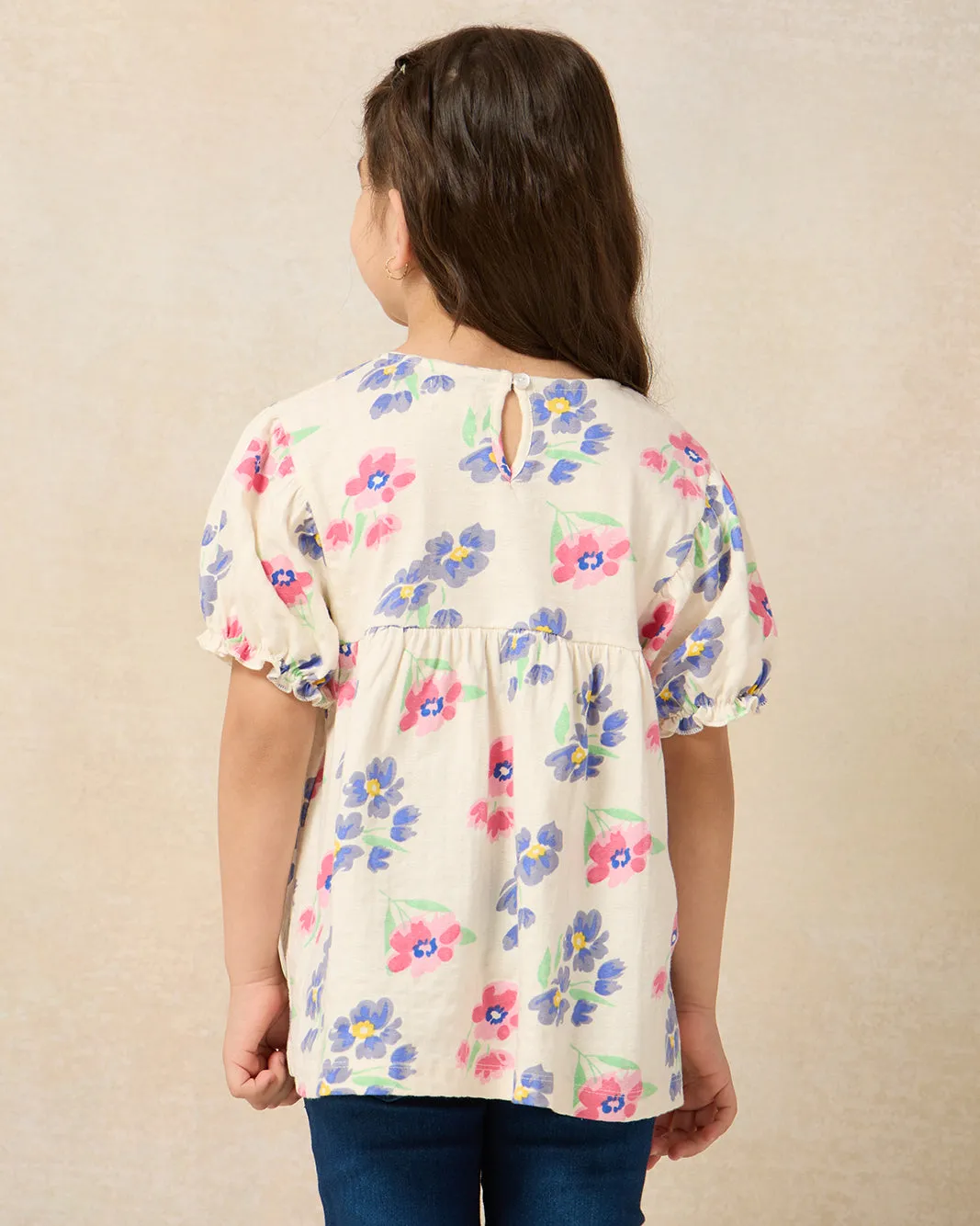 Girls Ivory Floral Print With Puff Sleeve Casual Jersey Top sold by Redtag product image thumbnail 3