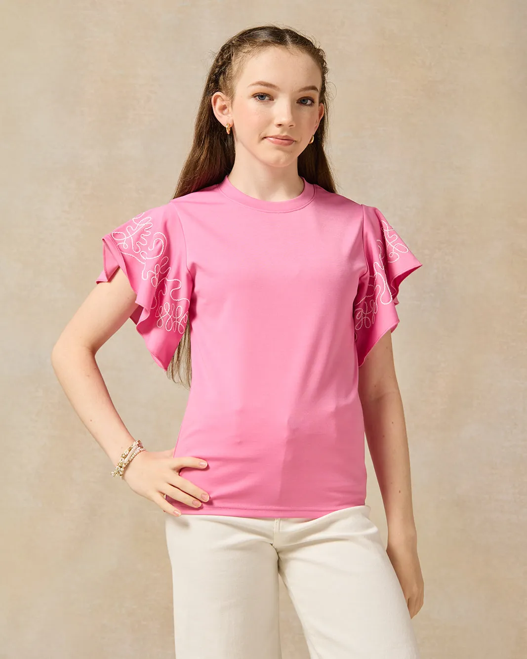 Senior Girls Pink Ruffled Embroidered Sleeve Top sold by Redtag
