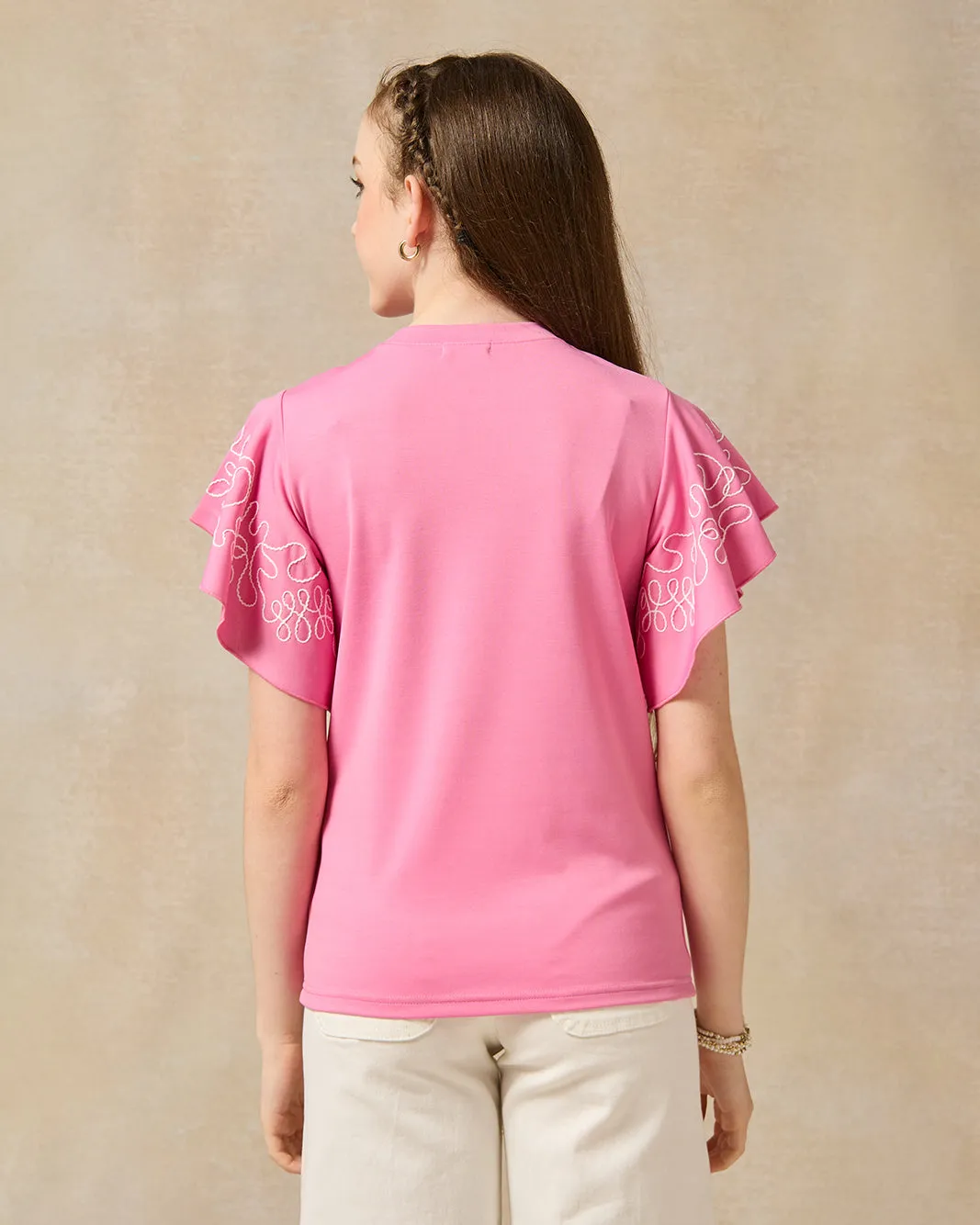 Senior Girls Pink Ruffled Embroidered Sleeve Top sold by Redtag product image thumbnail 3