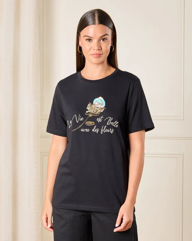 Women Black Embellished T-Shirt sold by Redtag