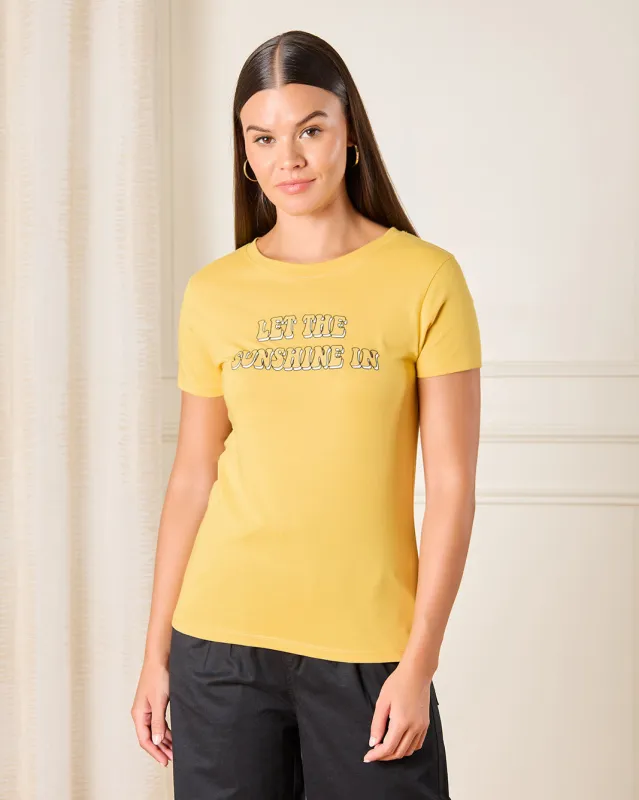 Women Yellow Let The Sunshine In Printed T-Shirt sold by Redtag