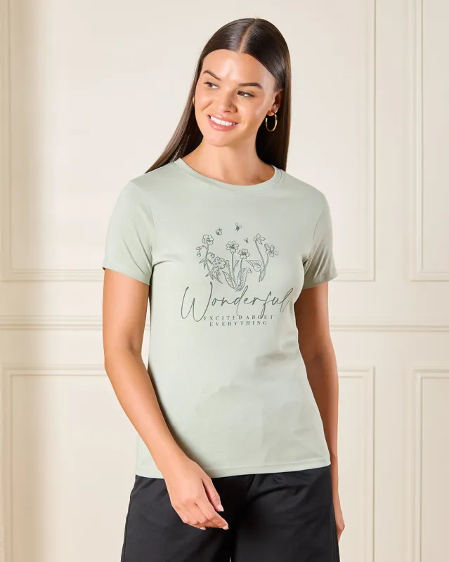 Women Green Wonderful Print T-Shirt sold by Redtag