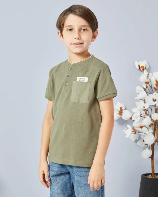 Boys Olive Mandarin Collar Polo Shirt sold by Redtag