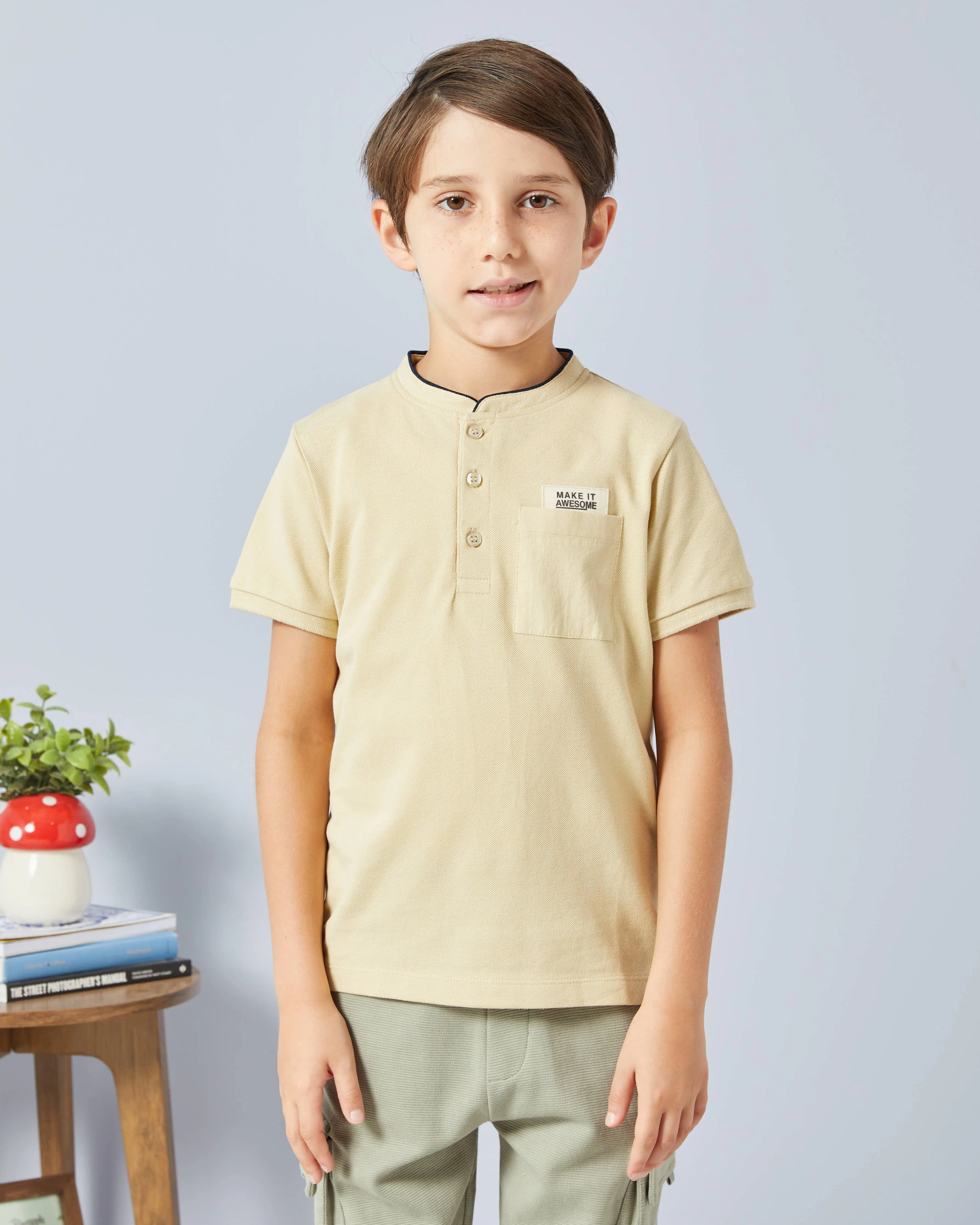 Boys Beige Mandarin Collar Polo Shirt sold by Redtag product image thumbnail 4