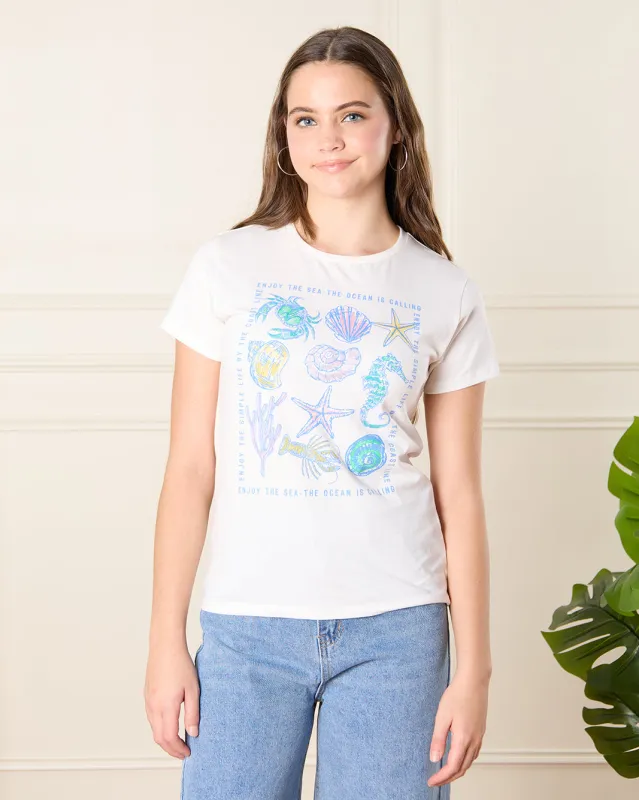 Senior Girls White Sea Shell Print T-Shirt sold by Redtag