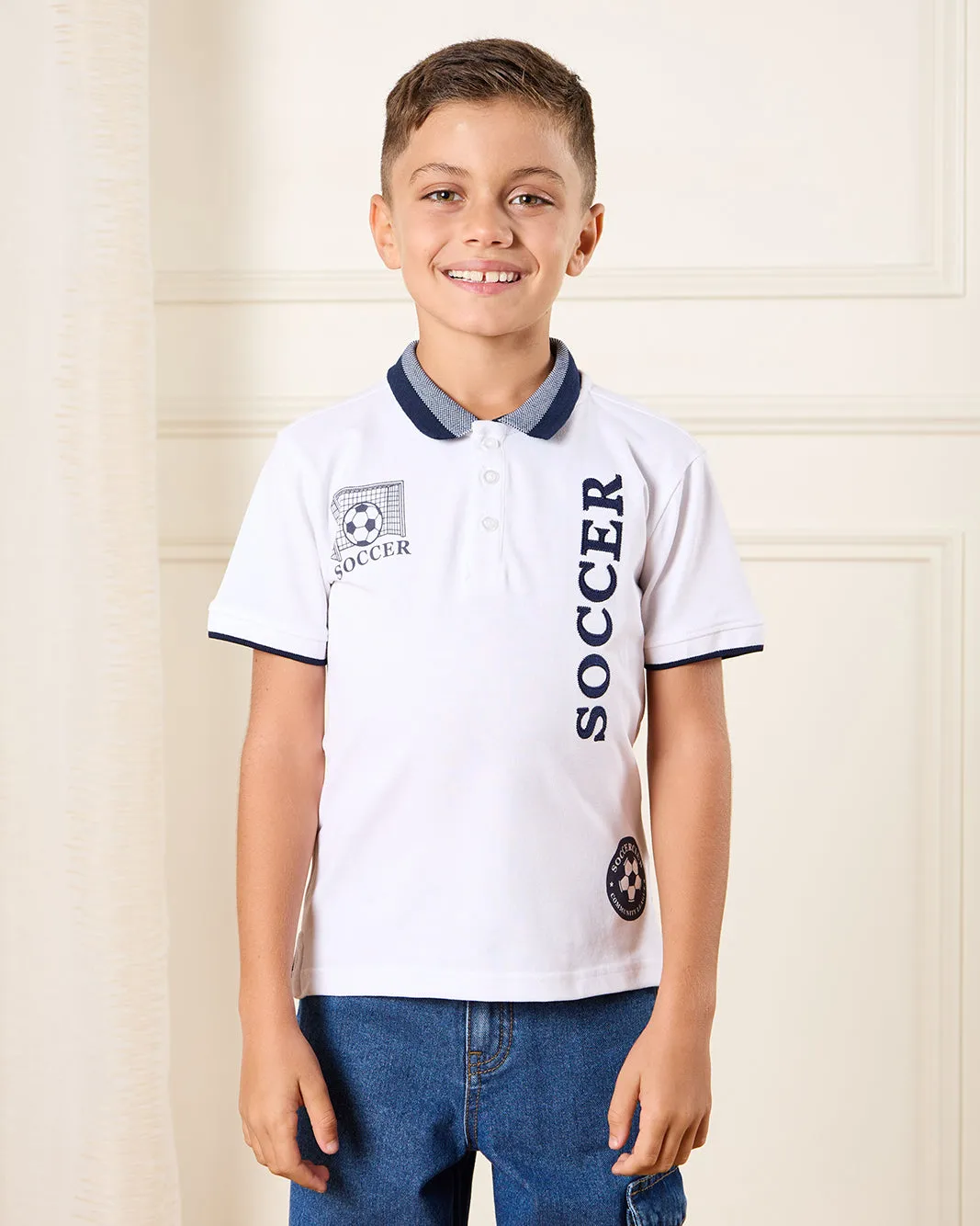 Boys White Soccer Club Polo Shirt sold by Redtag