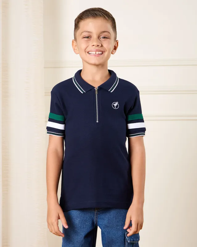 Boys Navy Jacquard Collar Polo T-Shirt sold by Redtag