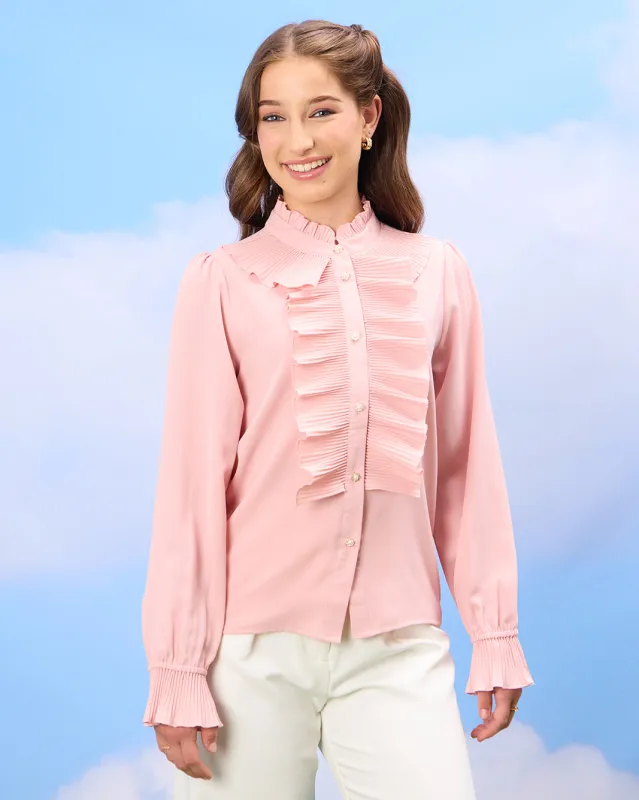 Senior Girls Pink Pleated Ruffled Front Blouse sold by Redtag