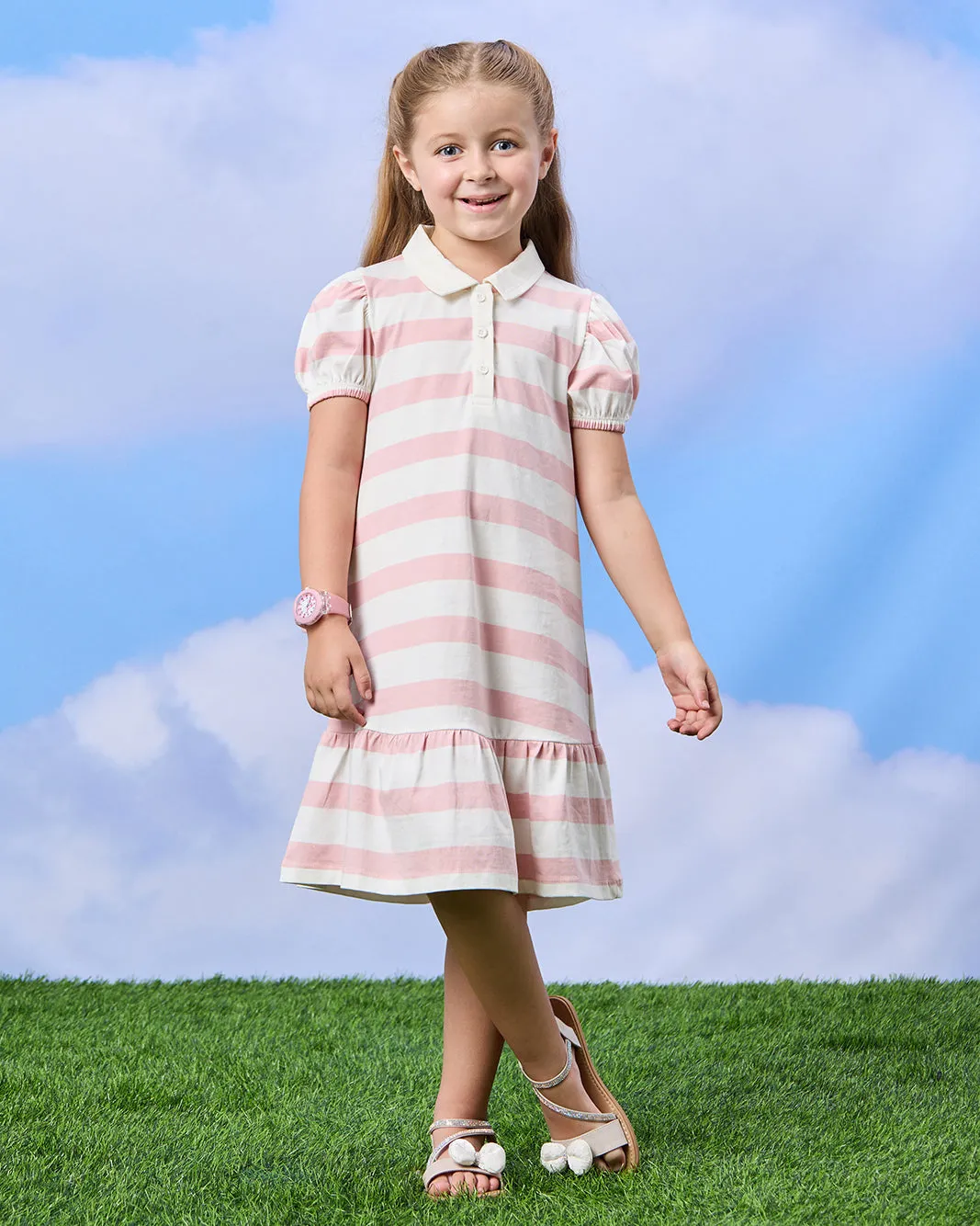 Girls Pink Yarn Dyed Jersey Striped Polo Dress sold by Redtag