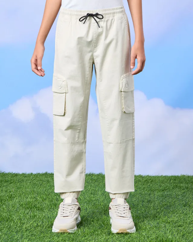 Senior Boys Cream Cargo Trousers sold by Redtag