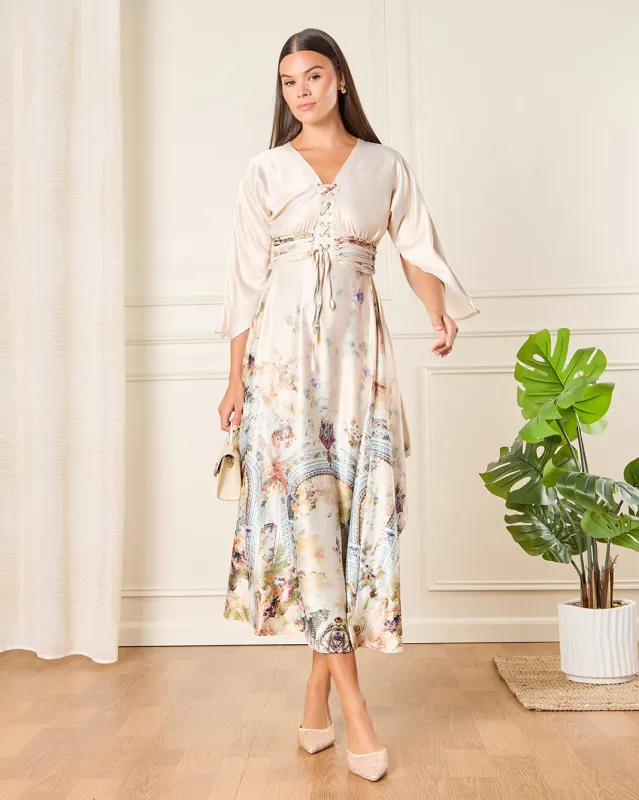 Women Cream Printed Maxi Satin Dress sold by Redtag