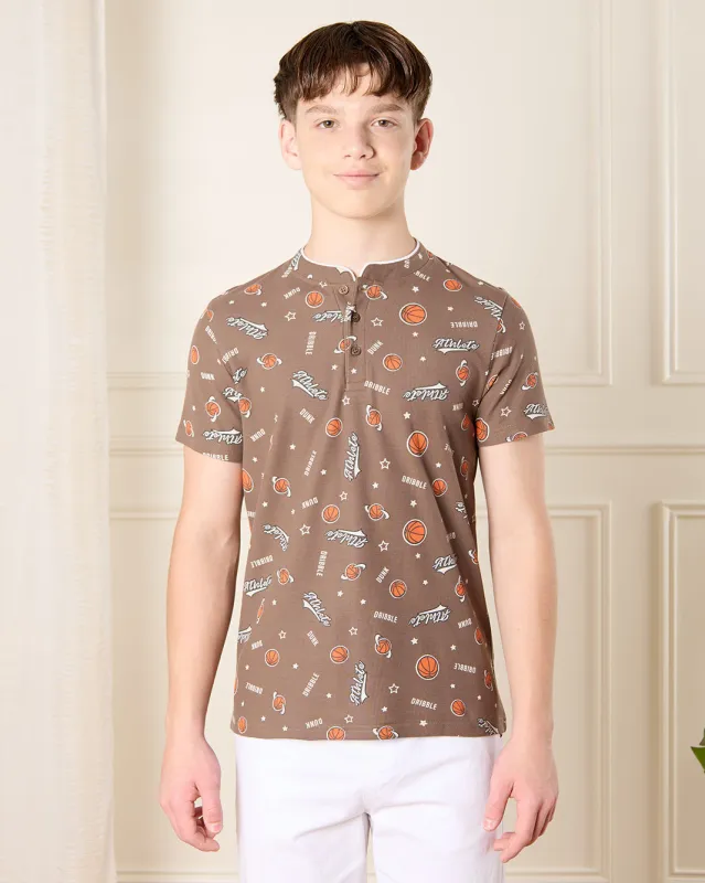 Senior Boys Brown Printed Mandarin Polo T-Shirt sold by Redtag