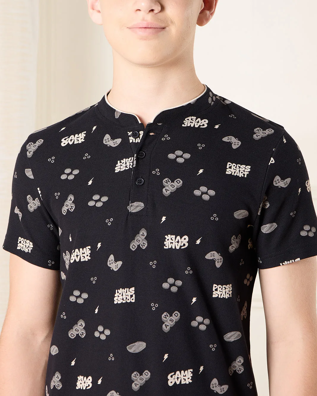 Senior Boys Black Printed Mandarin Polo T-Shirt sold by Redtag product image thumbnail 4