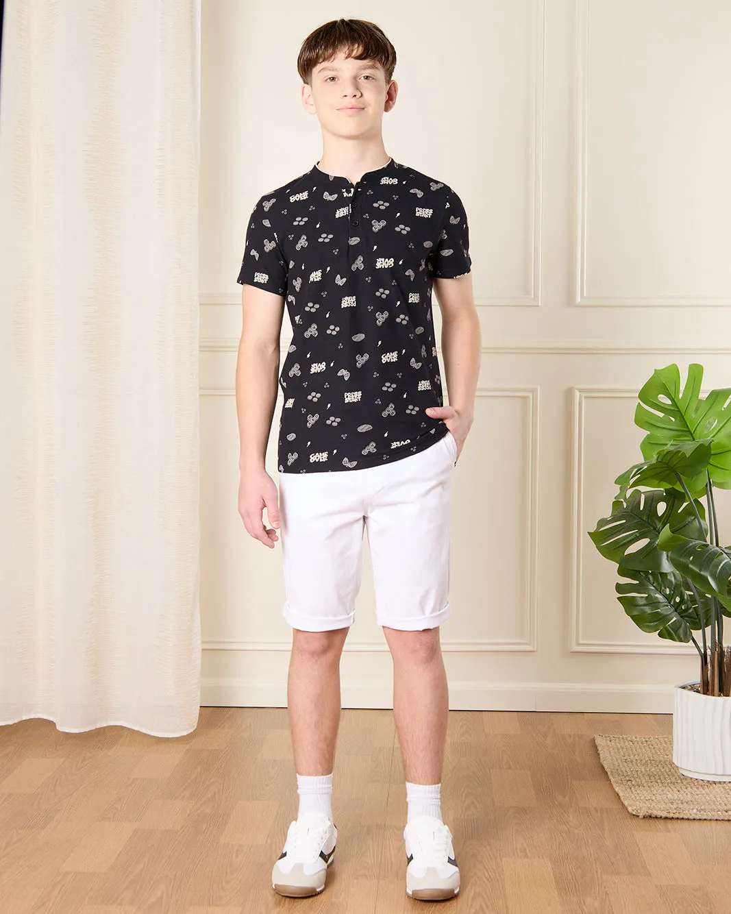 Senior Boys Black Printed Mandarin Polo T-Shirt sold by Redtag product image thumbnail 2