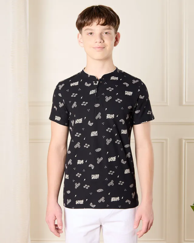 Senior Boys Black Printed Mandarin Polo T-Shirt sold by Redtag