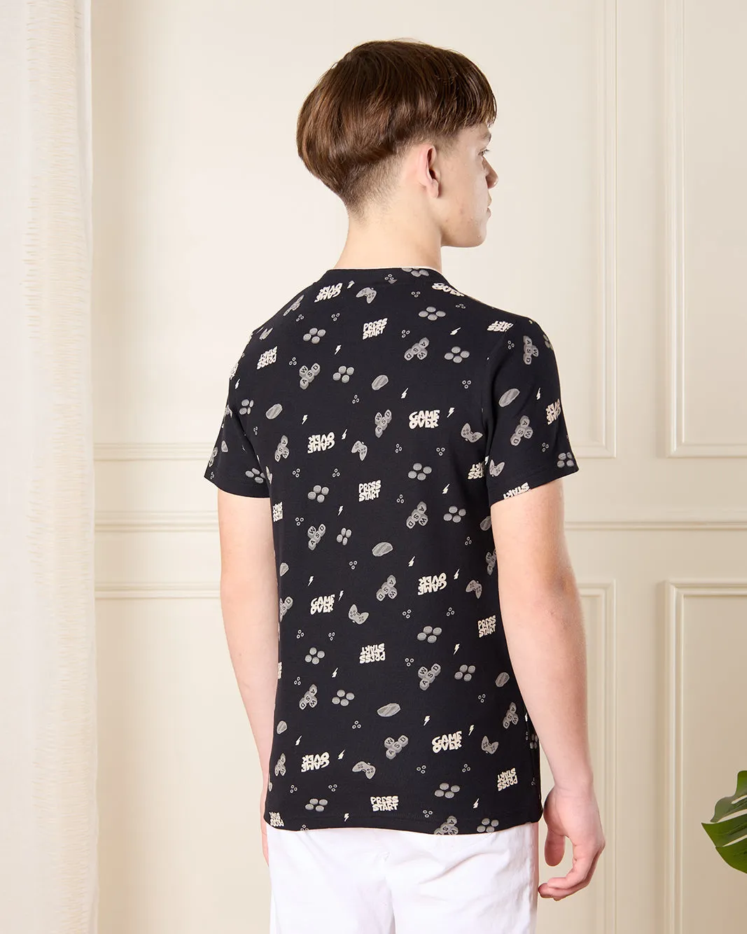 Senior Boys Black Printed Mandarin Polo T-Shirt sold by Redtag product image thumbnail 3