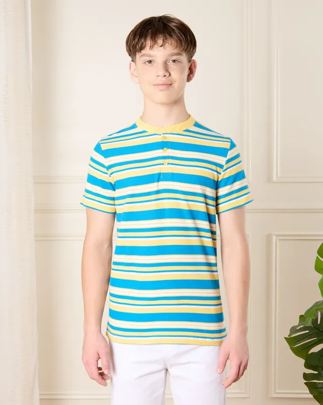 Senior Boys Mustard And Blue Striped Polo Shirt sold by Redtag