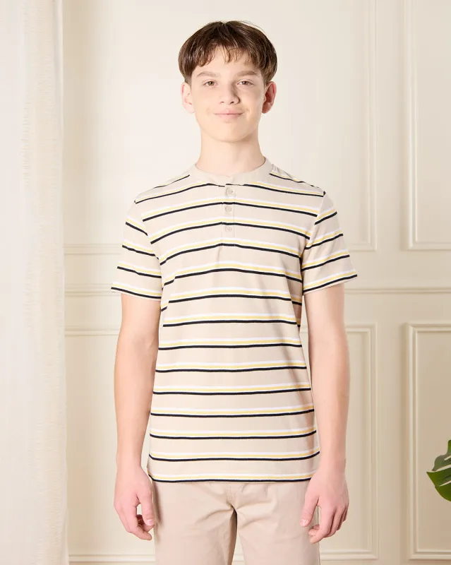 Senior Boys Beige Striped Polo Shirt sold by Redtag
