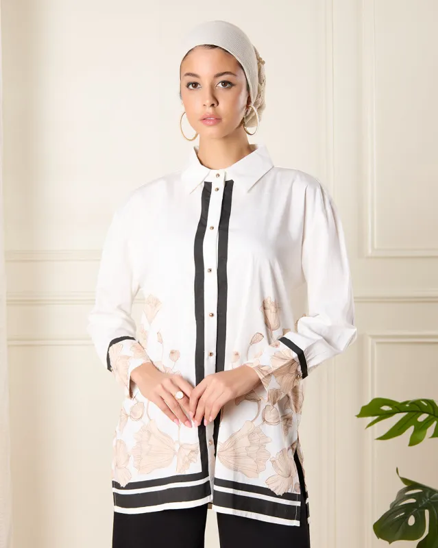 Women White Printed Collared Long Sleeve Shirt sold by Redtag