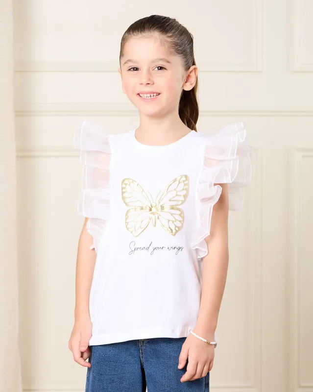 Girls White Embellished With Organza Frill Sleeve Top sold by Redtag